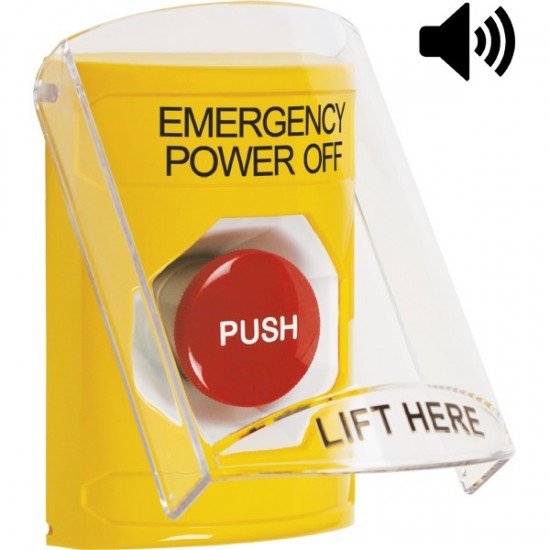 SS22A4PO-EN STI Yellow Indoor Only Flush or Surface w/ Horn Momentary Stopper Station with EMERGENCY POWER OFF Label English