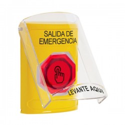 SS22A7EX-ES STI Yellow Indoor Only Flush or Surface w/ Horn Weather Resistant Momentary (Illuminated) with Red Lens Stopper Station with EMERGENCY EXIT Label Spanish
