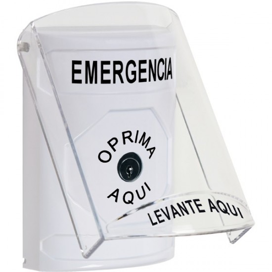 SS2320EM-ES STI White Indoor Only Flush or Surface Key-to-Reset Stopper Station with EMERGENCY Label Spanish