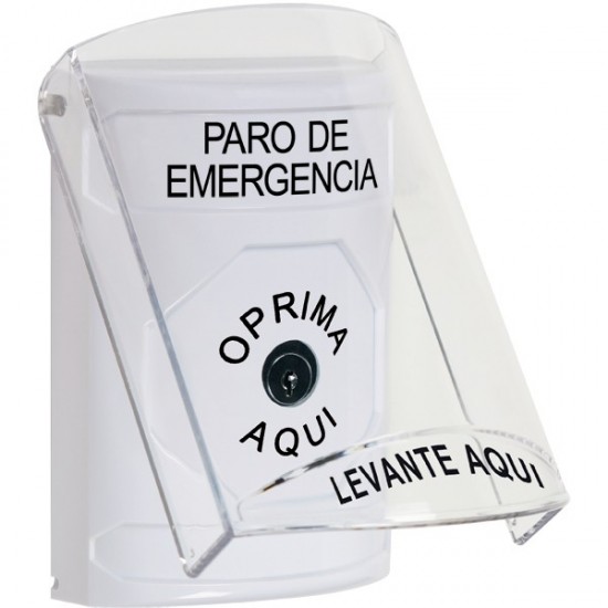 SS2320ES-ES STI White Indoor Only Flush or Surface Key-to-Reset Stopper Station with EMERGENCY STOP Label Spanish