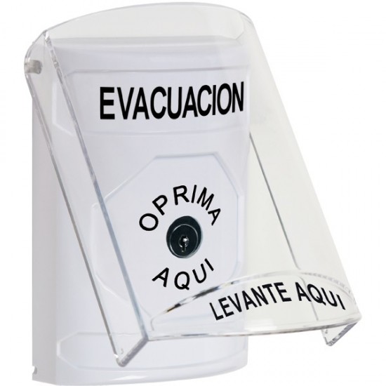 SS2320EV-ES STI White Indoor Only Flush or Surface Key-to-Reset Stopper Station with EVACUATION Label Spanish