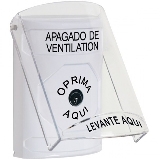 SS2320HV-ES STI White Indoor Only Flush or Surface Key-to-Reset Stopper Station with HVAC SHUT DOWN Label Spanish