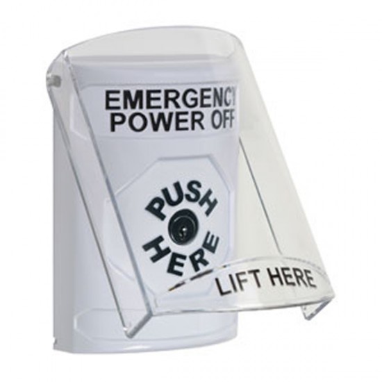SS2320PO-EN STI White Indoor Only Flush or Surface Key-to-Reset Stopper Station with EMERGENCY POWER OFF Label English