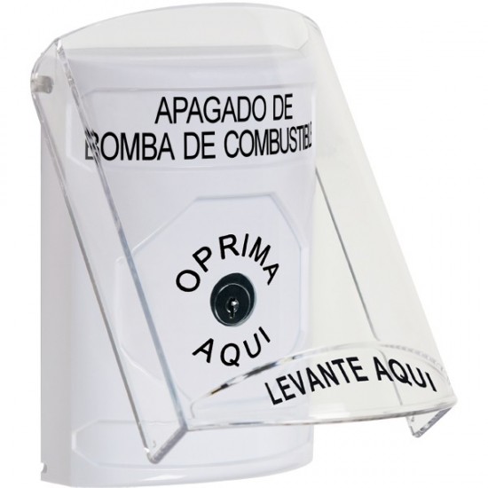 SS2320PS-ES STI White Indoor Only Flush or Surface Key-to-Reset Stopper Station with FUEL PUMP SHUT DOWN Label Spanish