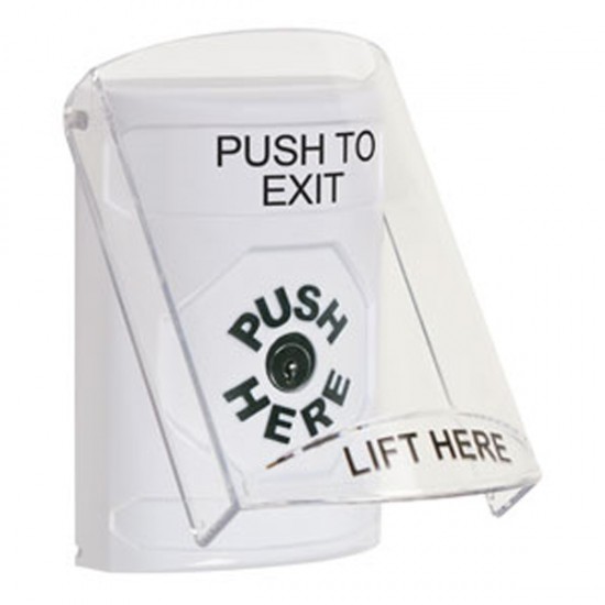 SS2320PX-EN STI White Indoor Only Flush or Surface Key-to-Reset Stopper Station with PUSH TO EXIT Label English