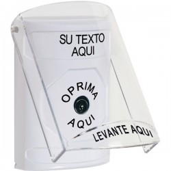 SS2320ZA-ES STI White Indoor Only Flush or Surface Key-to-Reset Stopper Station with Non-Returnable Custom Text Label Spanish