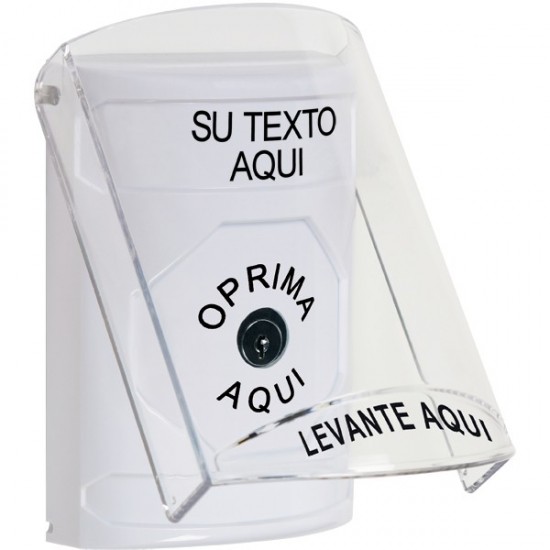 SS2320ZA-ES STI White Indoor Only Flush or Surface Key-to-Reset Stopper Station with Non-Returnable Custom Text Label Spanish