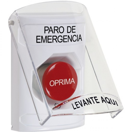 SS2321ES-ES STI White Indoor Only Flush or Surface Turn-to-Reset Stopper Station with EMERGENCY STOP Label Spanish