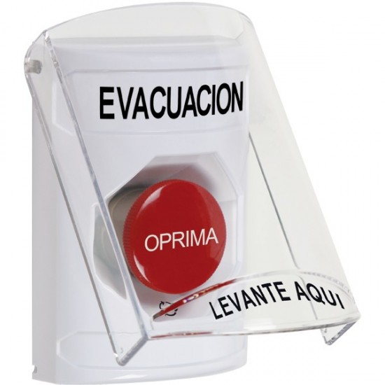 SS2321EV-ES STI White Indoor Only Flush or Surface Turn-to-Reset Stopper Station with EVACUATION Label Spanish