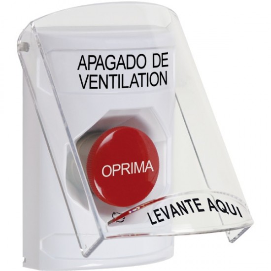 SS2321HV-ES STI White Indoor Only Flush or Surface Turn-to-Reset Stopper Station with HVAC SHUT DOWN Label Spanish