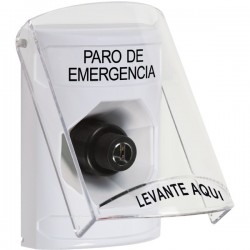 SS2323ES-ES STI White Indoor Only Flush or Surface Key-to-Activate Stopper Station with EMERGENCY STOP Label Spanish