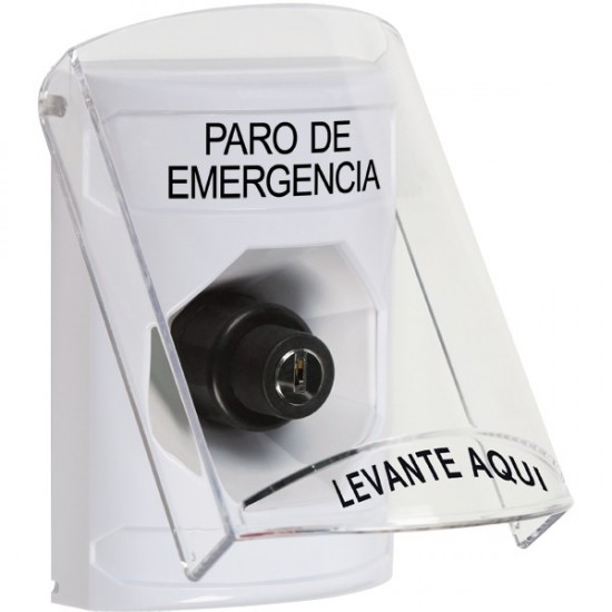 SS2323ES-ES STI White Indoor Only Flush or Surface Key-to-Activate Stopper Station with EMERGENCY STOP Label Spanish