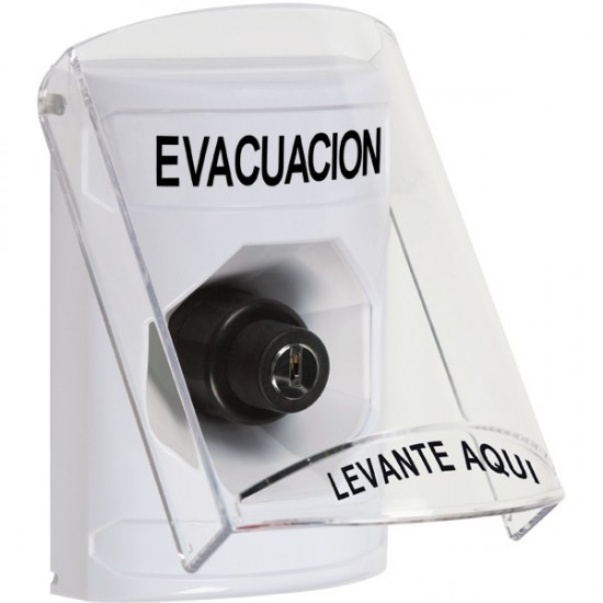 SS2323EV-ES STI White Indoor Only Flush or Surface Key-to-Activate Stopper Station with EVACUATION Label Spanish