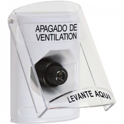 SS2323HV-ES STI White Indoor Only Flush or Surface Key-to-Activate Stopper Station with HVAC SHUT DOWN Label Spanish