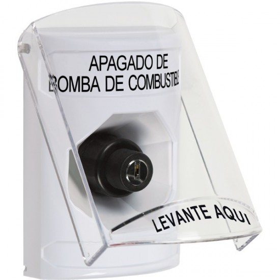 SS2323PS-ES STI White Indoor Only Flush or Surface Key-to-Activate Stopper Station with FUEL PUMP SHUT DOWN Label Spanish