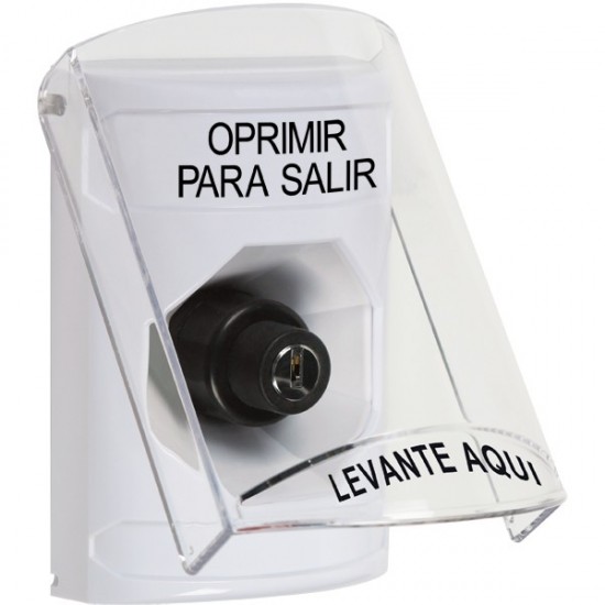SS2323PX-ES STI White Indoor Only Flush or Surface Key-to-Activate Stopper Station with PUSH TO EXIT Label Spanish