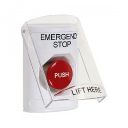 SS2324ES-EN STI White Indoor Only Flush or Surface Momentary Stopper Station with EMERGENCY STOP Label English