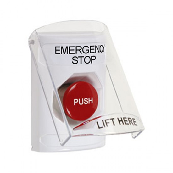 SS2324ES-EN STI White Indoor Only Flush or Surface Momentary Stopper Station with EMERGENCY STOP Label English