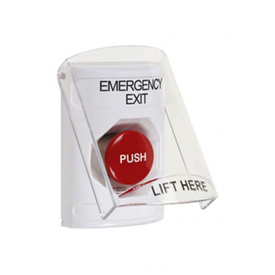 SS2324EX-EN STI White Indoor Only Flush or Surface Momentary Stopper Station with EMERGENCY EXIT Label English