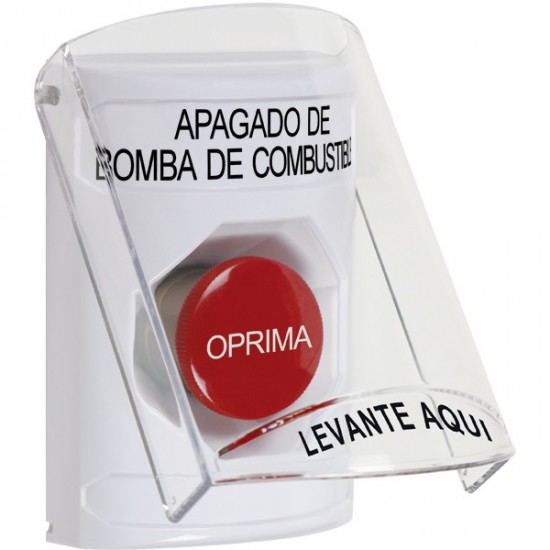 SS2324PS-ES STI White Indoor Only Flush or Surface Momentary Stopper Station with FUEL PUMP SHUT DOWN Label Spanish