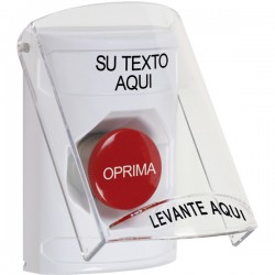 SS2324ZA-ES STI White Indoor Only Flush or Surface Momentary Stopper Station with Non-Returnable Custom Text Label Spanish
