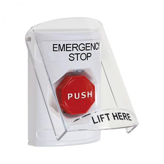 SS2325ES-EN STI White Indoor Only Flush or Surface Momentary (Illuminated) Stopper Station with EMERGENCY STOP Label English
