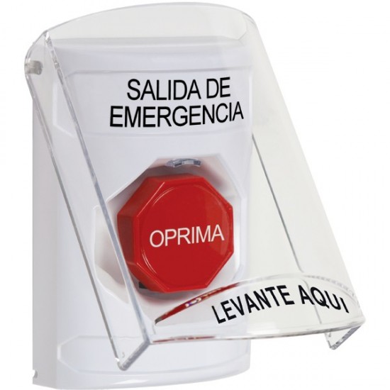 SS2325EX-ES STI White Indoor Only Flush or Surface Momentary (Illuminated) Stopper Station with EMERGENCY EXIT Label Spanish