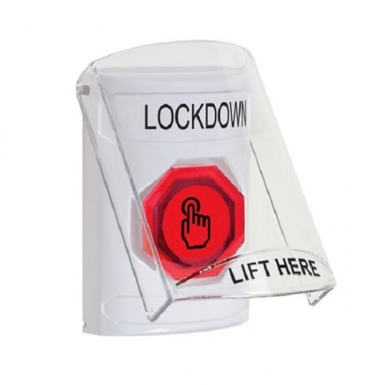 SS2326LD-EN STI White Indoor Flush/Surface Momentary (Illuminated) Stopper Station w/ LOCKDOWN Label