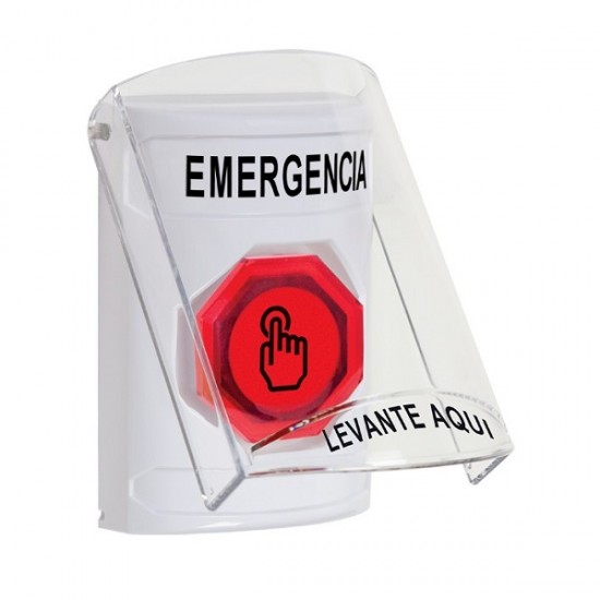 SS2327EM-ES STI White Indoor Flush/Surface Weather Resistant Momentary Stopper Station w/ EMERGENCY Spanish