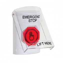 SS2327ES-EN STI White Indoor Flush/Surface Weather Resistant Momentary Stopper Station w/ EMERGENCY STOP Label