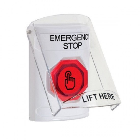 SS2327ES-EN STI White Indoor Flush/Surface Weather Resistant Momentary Stopper Station w/ EMERGENCY STOP Label
