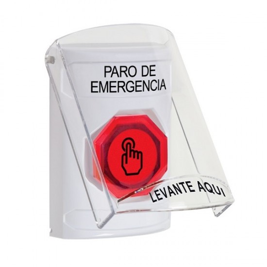 SS2327ES-ES STI White Indoor Flush/Surface Weather Resistant Momentary Stopper Station w/ EMERGENCY STOP Spanish