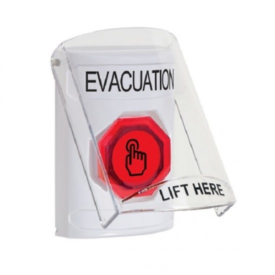 SS2327EV-EN STI White Indoor Flush/Surface Weather Resistant Momentary Stopper Station w/ EVACUATION Label