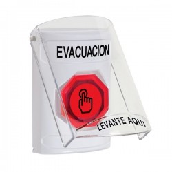 SS2327EV-ES STI White Indoor Flush/Surface Weather Resistant Momentary Stopper Station w/ EVACUATION Spanish