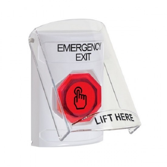 SS2327EX-EN STI White Indoor Flush/Surface Weather Resistant Momentary Stopper Station w/ EMERGENCY EXIT Label