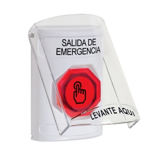 SS2327EX-ES STI White Indoor Flush/Surface Weather Resistant Momentary Stopper Station w/ EMERGENCY EXIT Spanish