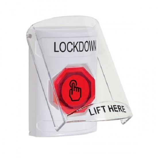 SS2327LD-EN STI White Indoor Flush/Surface Weather Resistant Momentary Stopper Station w/ LOCKDOWN Label