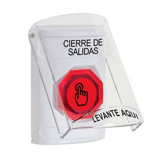 SS2327LD-ES STI White Indoor Flush/Surface Weather Resistant Momentary Stopper Station w/ LOCKDOWN Spanish