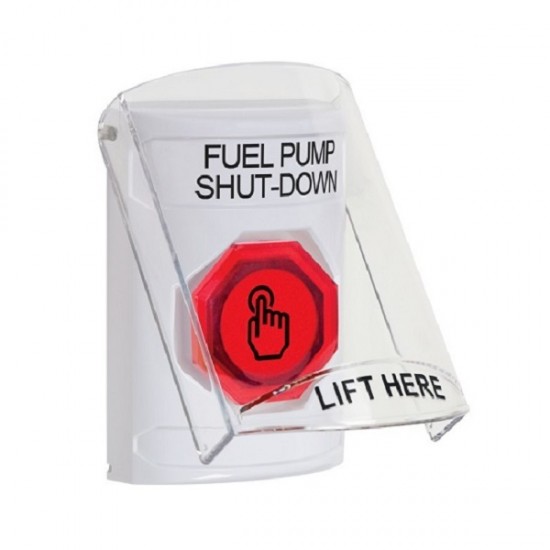 SS2327PS-EN STI White Indoor Flush/Surface Weather Resistant Momentary Stopper Station w/ FUEL PUMP SHUT DOWN Label