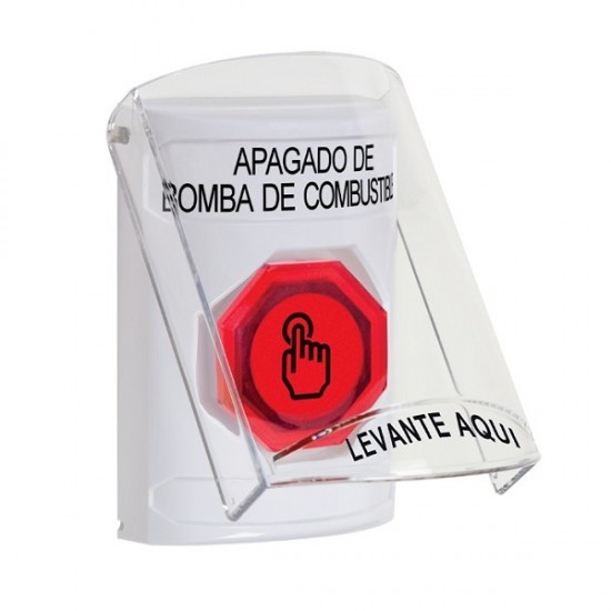 SS2327PS-ES STI White Indoor Flush/Surface Weather Resistant Momentary Stopper Station w/ FUEL PUMP SHUT DOWN Spanish