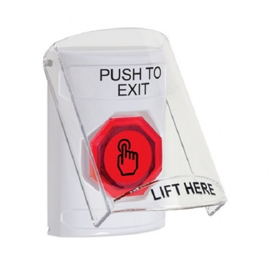 SS2327PX-EN STI White Indoor Flush/Surface Weather Resistant Momentary Stopper Station w/ PUSH TO EXIT Label