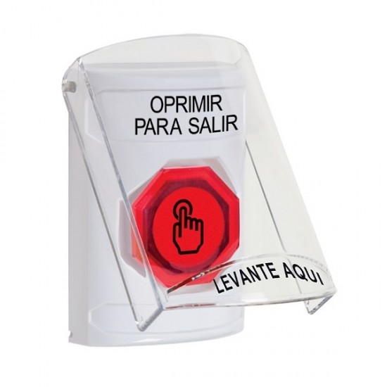 SS2327PX-ES STI White Indoor Flush/Surface Weather Resistant Momentary Stopper Station w/ PUSH TO EXIT Spanish