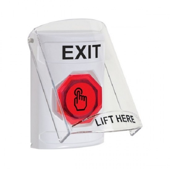 SS2327XT-EN STI White Indoor Flush/Surface Weather Resistant Momentary Stopper Station w/ EXIT Label