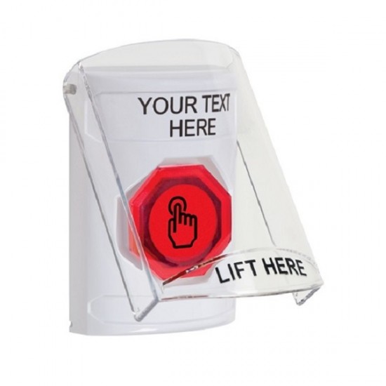 SS2327ZA-EN STI White Indoor Flush/Surface Weather Resistant Momentary Stopper Station w/ Custom Text Label