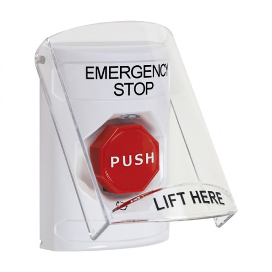 SS2329ES-EN STI White Indoor Flush/Surface Turn-to-Reset Stopper Station w/ EMERGENCY STOP Label