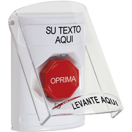 SS2329ZA-ES STI White Indoor Flush/Surface Turn-to-Reset Stopper Station w/ Custom Text Spanish