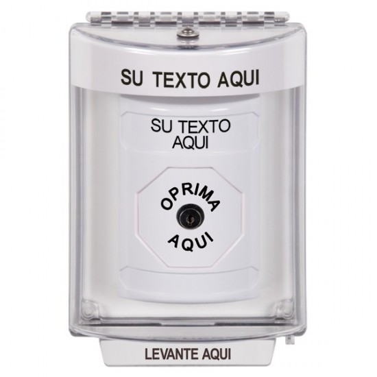 SS2330ZA-ES STI White Indoor/Outdoor Flush Key-to-Reset Stopper Station with Non-Returnable Custom Text Label Spanish