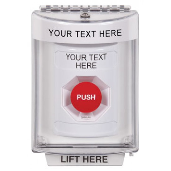 SS2331ZA-ES STI White Indoor/Outdoor Flush Turn-to-Reset Stopper Station with Non-Returnable Custom Text Label Spanish