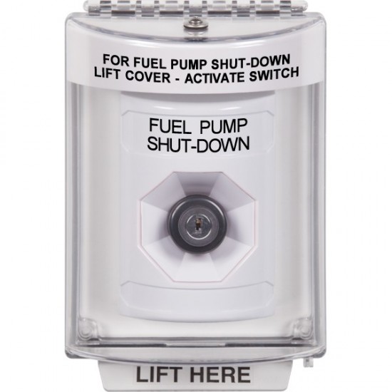SS2333PS-EN STI White Indoor/Outdoor Flush Key-to-Activate Stopper Station with FUEL PUMP SHUT DOWN Label English