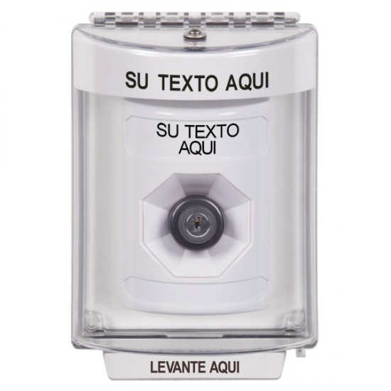 SS2333ZA-ES STI White Indoor/Outdoor Flush Key-to-Activate Stopper Station with Non-Returnable Custom Text Label Spanish